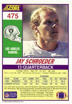 1990 Score #475 Jay Schroeder Back