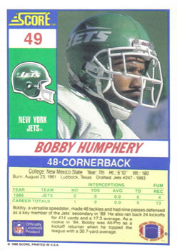 1990 Score #49 Bobby Humphery Back