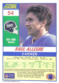 1990 Score #54 Raul Allegre Back