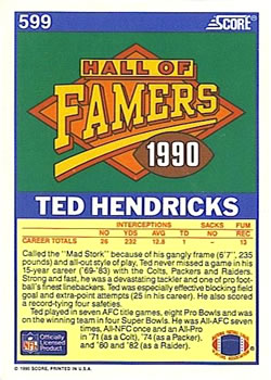 1990 Score #599 Ted Hendricks Back