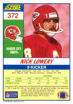 1990 Score #372 Nick Lowery Back