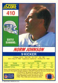 1990 Score #410 Norm Johnson Back