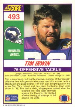 1990 Score #493 Tim Irwin Back