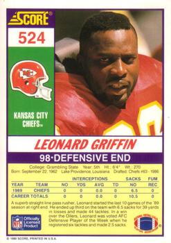 1990 Score #524 Leonard Griffin Back