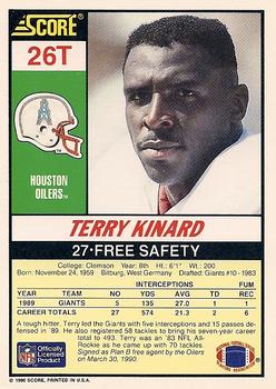 1990 Score Rookie & Traded #26T Terry Kinard Back