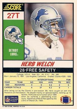 1990 Score Rookie & Traded #27T Herb Welch Back