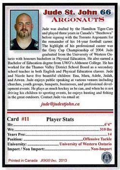 2013 JOGO CFL Alumni Series 1 #11 Jude St. John Back