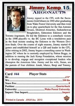 2013 JOGO CFL Alumni Series 3 #44 Jimmy Kemp Back