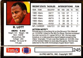 1991 Action Packed #245 Ronnie Lott Back