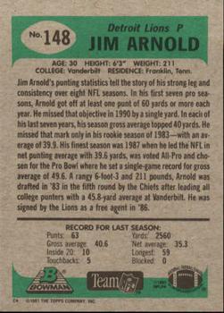 1991 Bowman #148 Jim Arnold Back