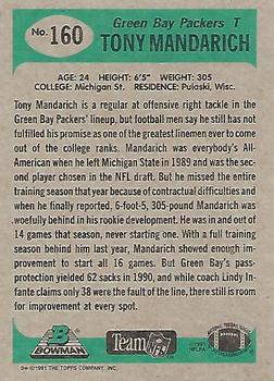 1991 Bowman #160 Tony Mandarich Back
