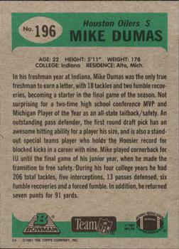 1991 Bowman #196 Mike Dumas Back