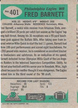 1991 Bowman #401 Fred Barnett Back
