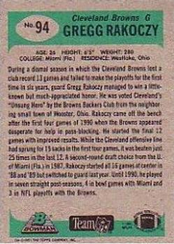 1991 Bowman #94 Gregg Rakoczy Back