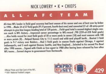 1991 Pro Set #429 Nick Lowery Back
