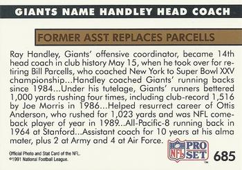 1991 Pro Set #685 Giants Name Handley Head Coach Back