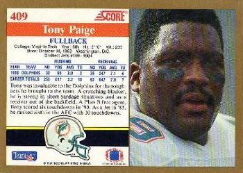 1991 Score #409 Tony Paige Back