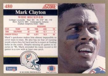 1991 Score #480 Mark Clayton Back