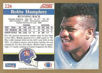 1991 Score #226 Bobby Humphrey Back