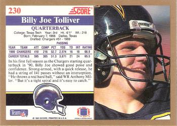 1991 Score #230 Billy Joe Tolliver Back