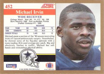1991 Score #452 Michael Irvin Back