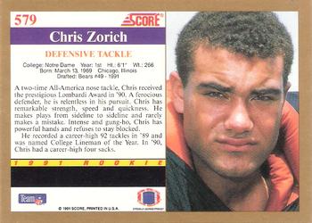 1991 Score #579 Chris Zorich Back
