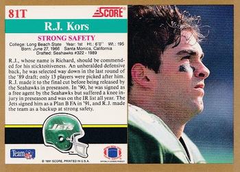 1991 Score Supplemental #81T R.J. Kors Back
