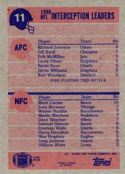 1991 Topps #11 1990 Interceptions Leaders (Richard Johnson / Mark Carrier) Back
