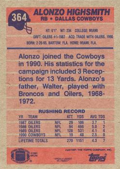 1991 Topps #364 Alonzo Highsmith Back