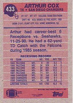 1991 Topps #433 Arthur Cox Back