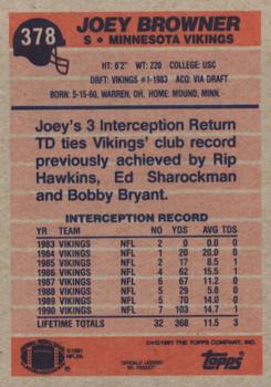 1991 Topps #378 Joey Browner Back