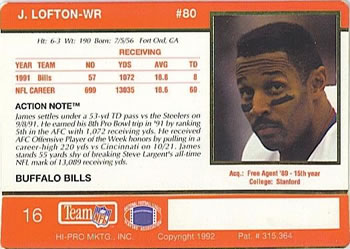 1992 Action Packed #16 James Lofton Back