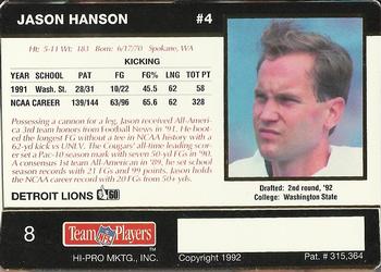 1992 Action Packed Rookie/Update #8 Jason Hanson Back