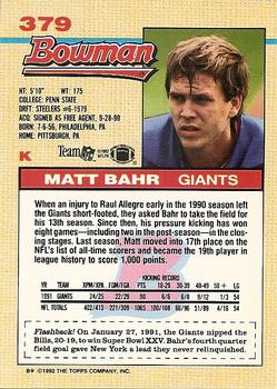 1992 Bowman #379 Matt Bahr Back