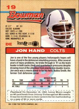 1992 Bowman #19 Jon Hand Back