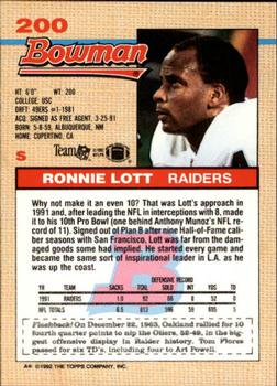 1992 Bowman #200 Ronnie Lott Back
