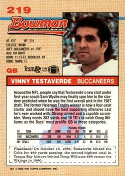 1992 Bowman #219 Vinny Testaverde Back
