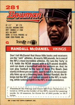 1992 Bowman #281 Randall McDaniel Back