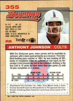 1992 Bowman #355 Anthony Johnson Back