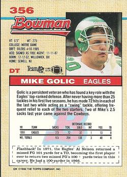 1992 Bowman #356 Mike Golic Back