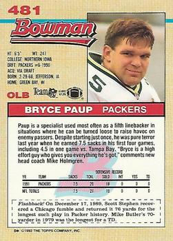 1992 Bowman #481 Bryce Paup Back