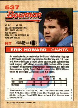 1992 Bowman #537 Erik Howard Back