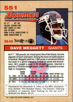 1992 Bowman #551 Dave Meggett Back