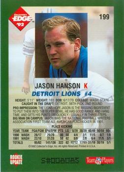 1992 Collector's Edge #199 Jason Hanson Back