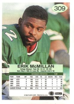 1992 Fleer #309 Erik McMillan Back