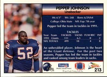 1992 Pacific #213 Pepper Johnson Back