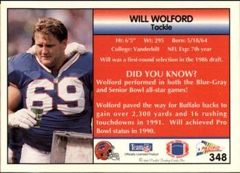 1992 Pacific #348 Will Wolford Back