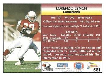 1992 Pacific #581 Lorenzo Lynch Back