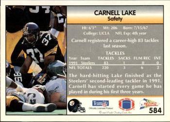 1992 Pacific #584 Carnell Lake Back