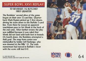 1992 Pro Set #64 Super Bowl XXVI Replay Back